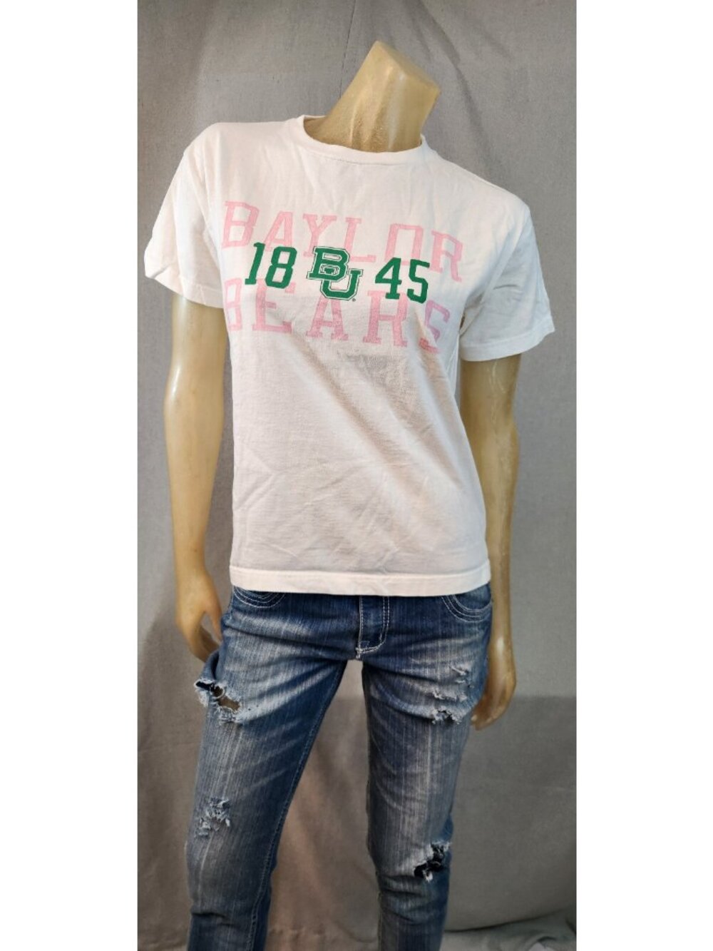 Champion NCAA Baylor Bears White Graphic Youth LARGE Crew Neck T Shirt Top USED